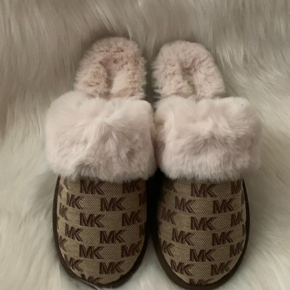 MICHAEL KORS Tula Scuff Faux Fur Slippers in Beige/Ebony Sz 8 - Picture 2 of 3